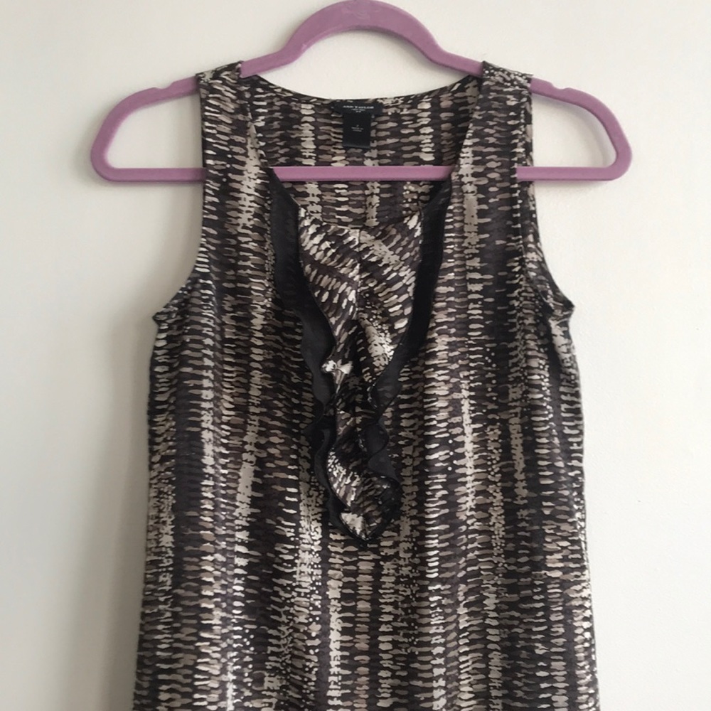 Brown and tan print silk shell with ruffle